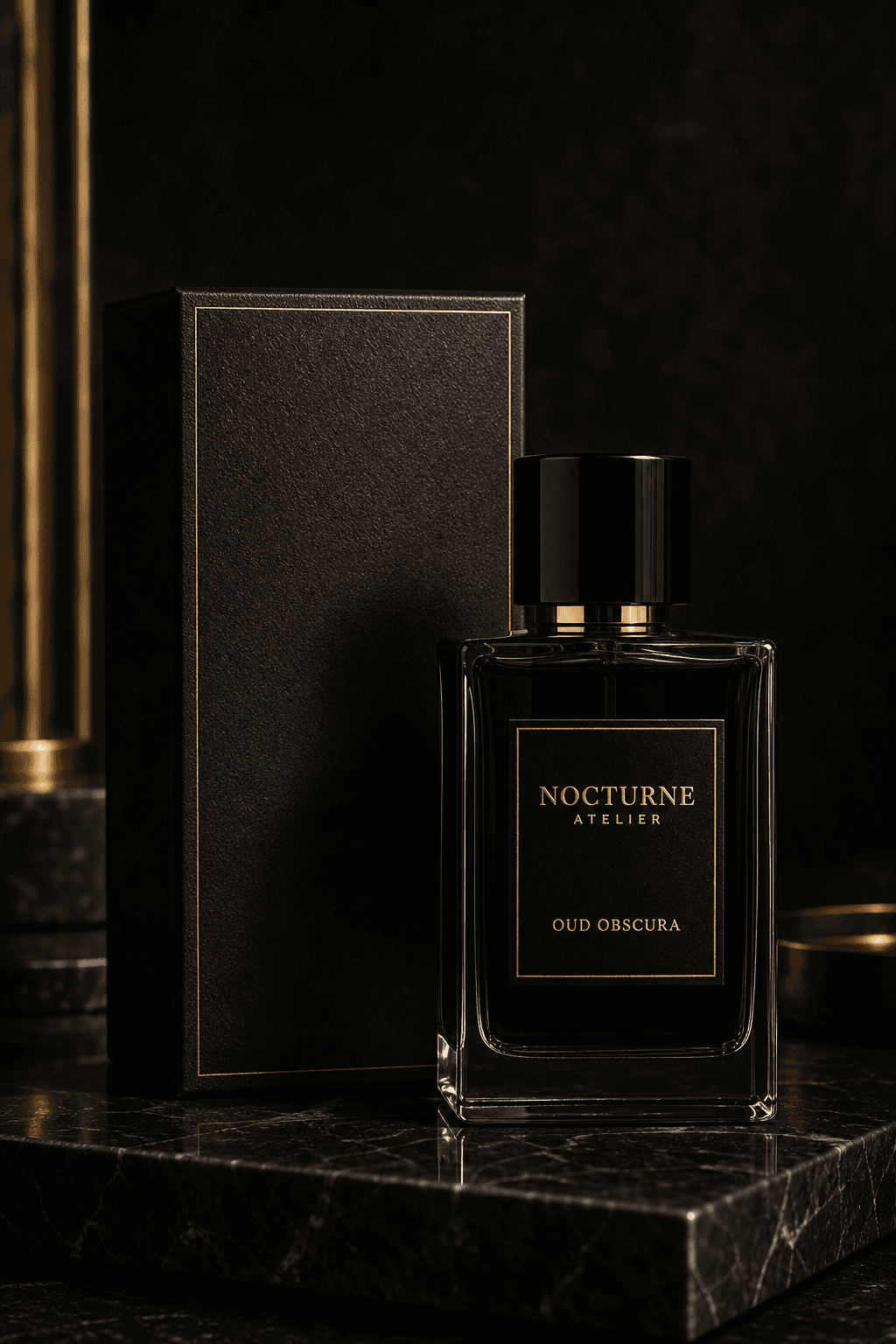 Nocturne Atelier Oud Obscura perfume on black marble